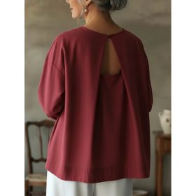 Women's Round Neck Loose Seven Quarter Sleeved Backless Top (Option: Wine Red-M)