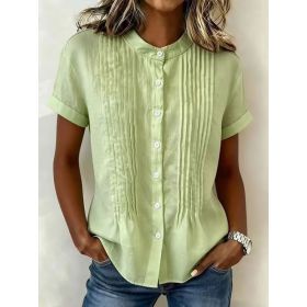 Fashionable Buttoned Stand-collar Solid-color Short-sleeve Shirt (Option: Light Green-M)