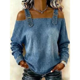 Women's Off-shoulder Strap Long-sleeve Top (Option: Blue-M)