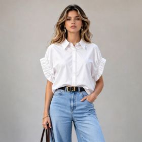 Loose-fitting Womens Blouse With A Turn-down Collar (Option: White-M)