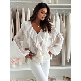 V-neck Ruffled Puff-sleeve Long-sleeve Shirt Top (Option: White-M)
