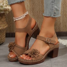 Women's Flowers Chunky Heel Sandals Summer Plus Size Platform Shoes (Option: Dark Brown-37)