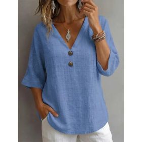 V-neck Button-up Loose-fitting Top For Women (Option: Light Blue-M)