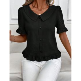 Women's Front-Button Petal-Sleeve Short-Sleeve Summer Fashion (Option: Black-M)