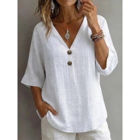 V-neck Button-up Loose-fitting Top For Women (Option: White-L)