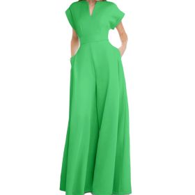 Women's Elegant Solid Color And V-neck Sleeveless Waist Wide-leg Jumpsuit (Option: M-Green)