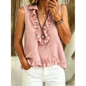Fashionable V-neck Ruffled Sleeveless Tank Top (Option: Pink-M)