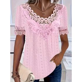 Women's Lace-Patchwork Crew-Neck Short-Sleeve T-Shirt (Option: 0738color-M)