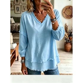 Women's Fashion Long Sleeve Top - Casual Loose Fit Blouse For Daily Wear (Option: Light Blue-M)