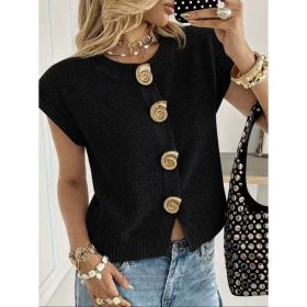 European And American-style Round-neck Short-sleeved Knitted Cardigan (Option: Black-S)