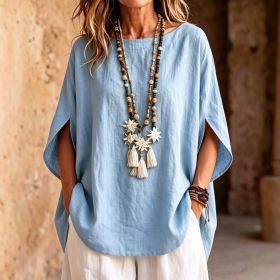 Womens Fashionable Solid-color Round-neck Loose-fit Blouse (Option: Light Blue-M)