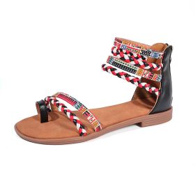 Ethnic Style Flat Sandals Summer Clip Toe Colorful Weave-straped Shoes With Back Zipper Women's Bohemian Beach Shoes (Option: Black-37)