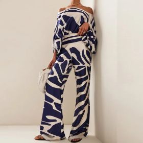 Summer Women's Clothing Printed Round Neck Loose Batwing Sleeve Waist Wide Leg Pants Fashion Casual Set (Option: Blue Stripes-L)