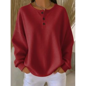Round Neck Waffle Solid Color Pullover Loose Top (Option: Red-M)