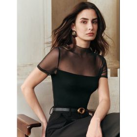 Solid-color Mesh Patchwork Spicy Chic Figure-flattering Sheer Short Sleeves (Option: Black-L)