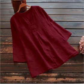 Plus-size Womens Casual Loose-fit Cotton And Linen Top (Option: Wine Red-3XL)
