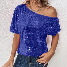 Womens Casual Solid-Color Loose Off-Shoulder Sequin T-Shirt (Option: Blue-2XL)