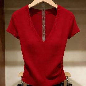 Solid-color Knitted Top For Women Super Stylish Slim-fit (Option: Red-L)