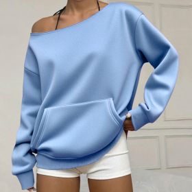 Fashionable Pullover Crew-Neck Off-Shoulder Sweatshirt For Women (Option: Light Blue-3XL)