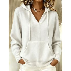 Kangaroo Pocket Knitted Hooded Drawstring Sweatshirt (Option: White-3XL)