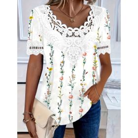 Women's Lace-Patchwork Crew-Neck Short-Sleeve T-Shirt (Option: 0739color-XXL)