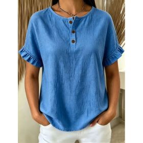 Womens Cotton-Linen Ruffle-Trimmed Button-Up Short-Sleeve Top (Option: Blue-XL)