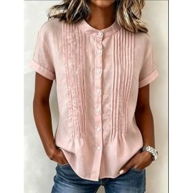 Fashionable Buttoned Stand-collar Solid-color Short-sleeve Shirt (Option: Pink-L)