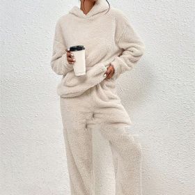 Fleece-lined Hooded Long Sleeve Dimensional Patch Pocket Casual Trousers Solid Color Suit (Option: Apricot-L)