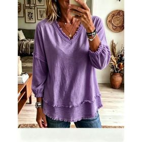 Women's Fashion Long Sleeve Top - Casual Loose Fit Blouse For Daily Wear (Option: Purple-3XL)