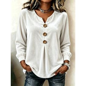 Elegant V-neck Buttoned Long-sleeve Velvet Blouse For Women (Option: White-XXL)
