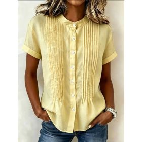 Fashionable Buttoned Stand-collar Solid-color Short-sleeve Shirt (Option: Yellow-L)
