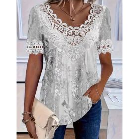 Women's Lace-Patchwork Crew-Neck Short-Sleeve T-Shirt (Option: 0735color-XL)