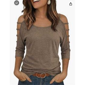 Womens Round Neck Three-Quarter Sleeve, Off-Shoulder Loose Top (Option: Khaki-XL)