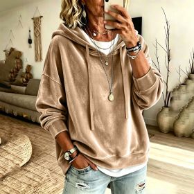 Womens Casual Solid-Color Hooded Long-Sleeve Top With Drawstring (Option: Khaki-XXL)