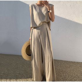 Cotton And Linen Casual Sleeveless Top Wide Leg Pants Two-piece Set (Option: Khaki-L)