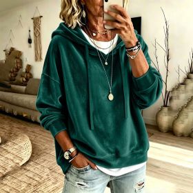 Womens Casual Solid-Color Hooded Long-Sleeve Top With Drawstring (Option: Peacock Green-L)