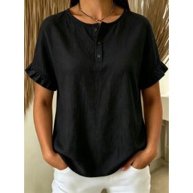 Womens Cotton-Linen Ruffle-Trimmed Button-Up Short-Sleeve Top (Option: Black-2XL)