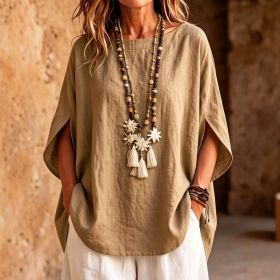 Womens Fashionable Solid-color Round-neck Loose-fit Blouse (Option: Khaki-XXL)