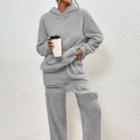 Fleece-lined Hooded Long Sleeve Dimensional Patch Pocket Casual Trousers Solid Color Suit (Option: Light Gray-4XL)