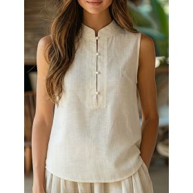 Sleeveless Stand-Up Collar Shirt Womens Loose Top (Option: Beige-XXL)