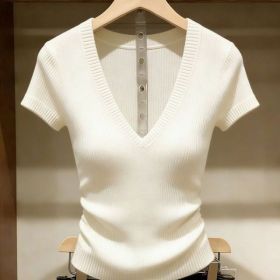 Solid-color Knitted Top For Women Super Stylish Slim-fit (Option: White-XL)