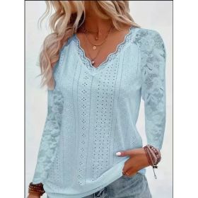 Fashionable Long-sleeved Lace-panel Hollow-out Top (Option: Light Blue-XXL)