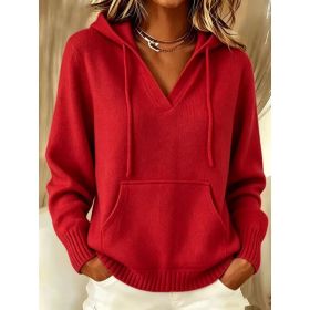 Kangaroo Pocket Knitted Hooded Drawstring Sweatshirt (Option: Red-3XL)