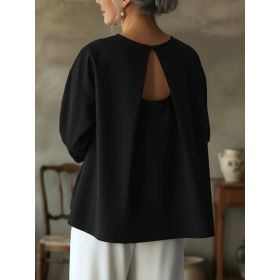 Women's Round Neck Loose Seven Quarter Sleeved Backless Top (Option: Black-L)