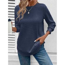 Women's Solid Color Round Neck Loose Stylish Sweatshirt (Option: Navy Blue-2XL)