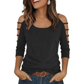 Womens Round Neck Three-Quarter Sleeve, Off-Shoulder Loose Top (Option: Black-XXL)