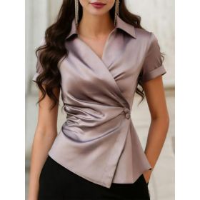 Elegant Commuter Cross V-Neck Defined Waist Pleated Short Sleeve (Option: Lotus Root Color-XL)