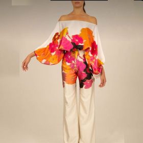 Summer Women's Clothing Printed Round Neck Loose Batwing Sleeve Waist Wide Leg Pants Fashion Casual Set (Option: Orange Printed-L)