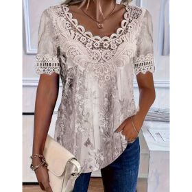 Women's Lace-Patchwork Crew-Neck Short-Sleeve T-Shirt (Option: 0734color-L)