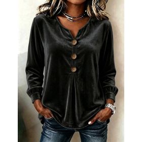 Elegant V-neck Buttoned Long-sleeve Velvet Blouse For Women (Option: Black-L)